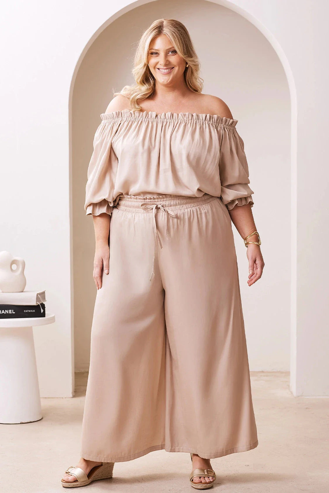Vittoria Smocked Waist Wide Leg Pants Taupe