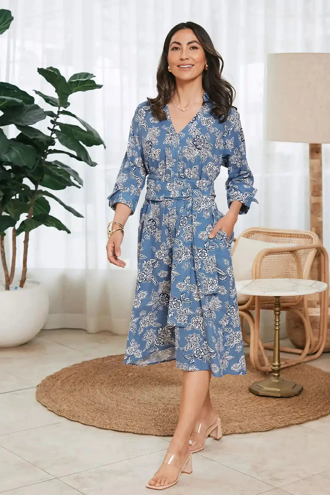 Sylvie Mid Sleeve Dress Floral Blue