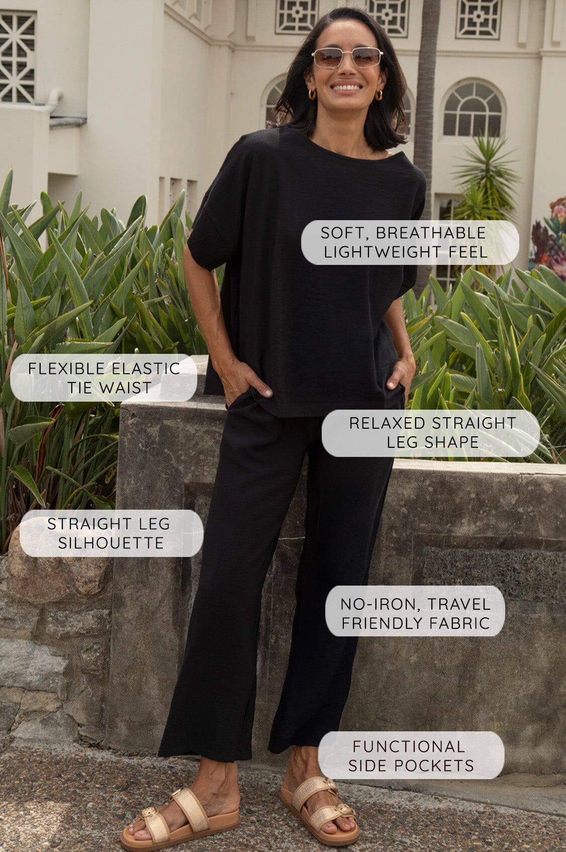 Gemma Straight Leg Tie Waist Pants Black