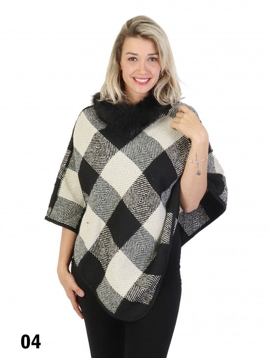 Plaid & Abstract Poncho W/ Fur Collar