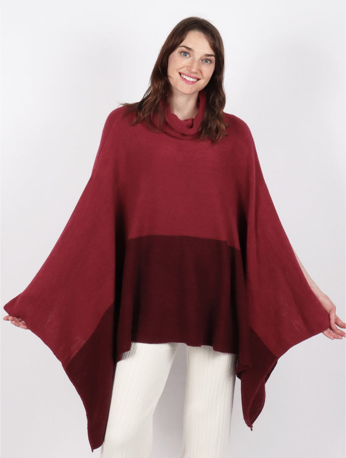 Super Soft Turtle Neck Side Slit Two-Tone Poncho