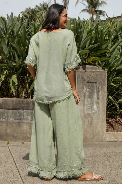 Antonia Wide Leg Linen Sequinned Pants in Mint
