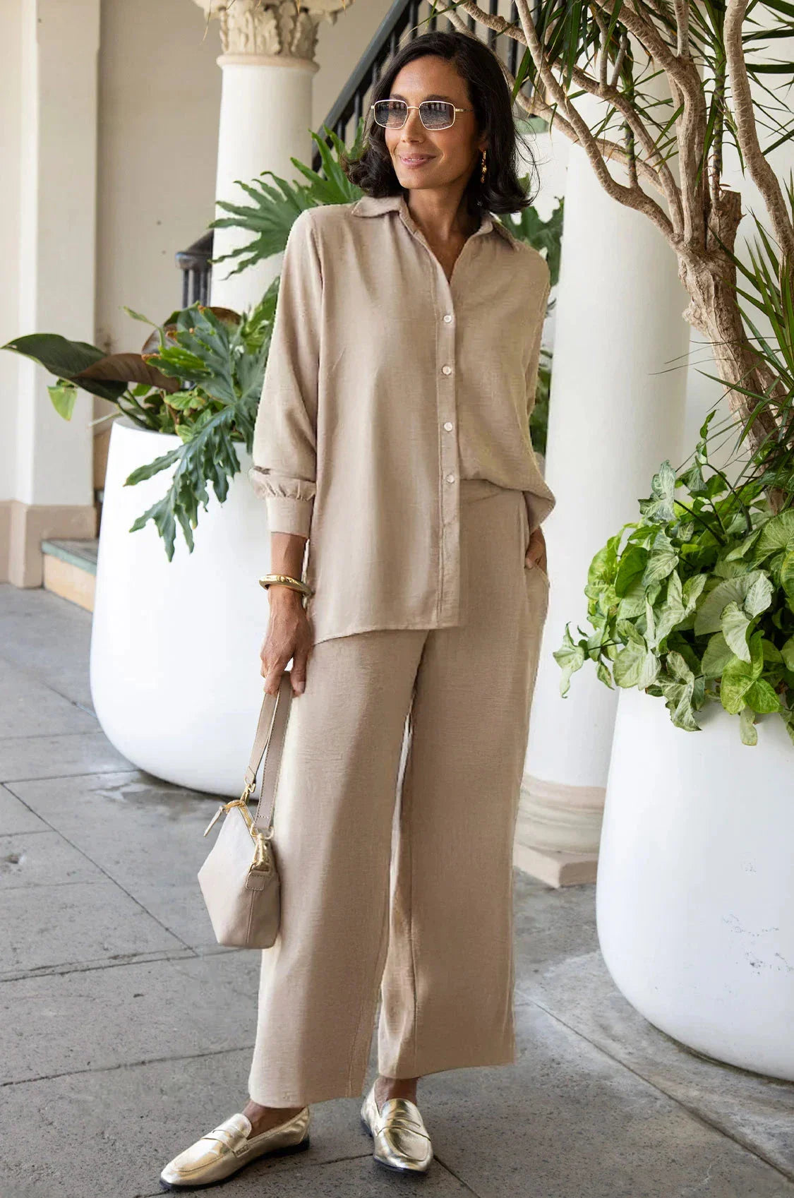 Paola Long Sleeve Collared Top Taupe