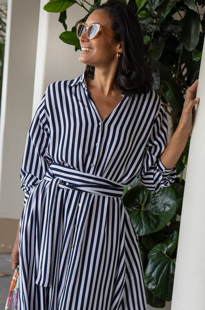 Francesca Long Sleeve Striped Midi Dress Navy and White