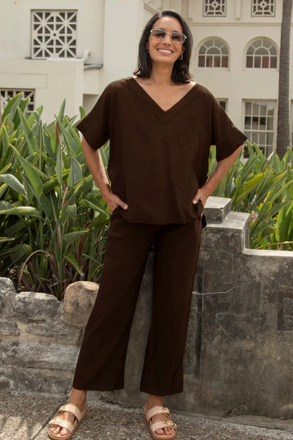 Gemma Short Sleeve V Neck Top Chocolate Brown