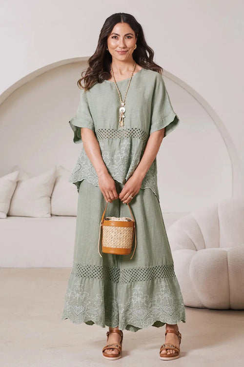 Milania Wide Leg Linen Crochet Pants in Mint