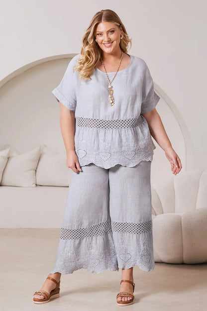 Milania Wide Leg Linen Crochet Pants in Light Grey