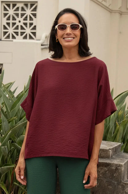 Gemma Short Sleeve Round Neck Top Burgundy