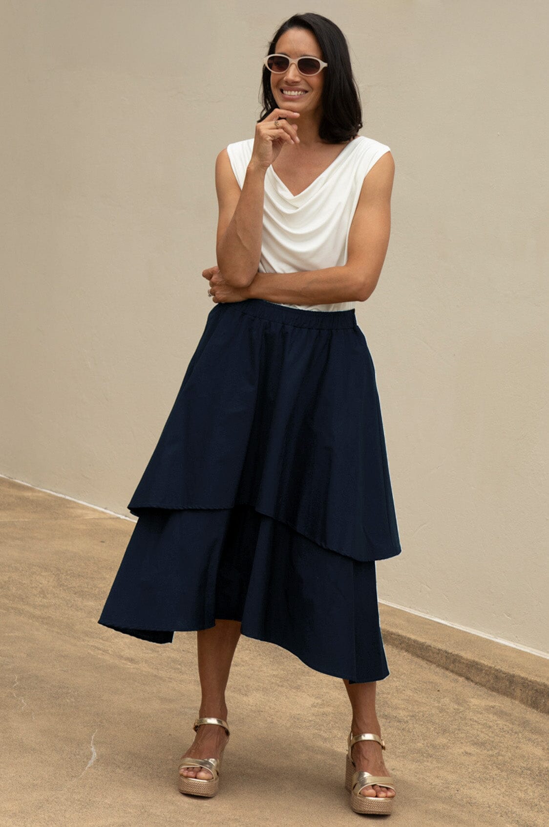 Vivian Flared Tiered Midi Skirt Navy
