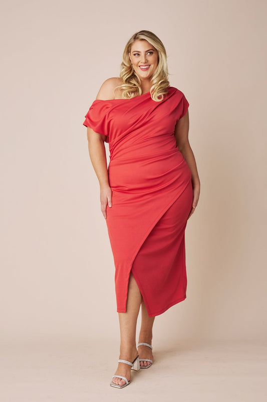 Roslyn Off Shoulder Midi Dress Red