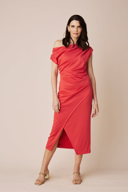 Roslyn Off Shoulder Midi Dress Red