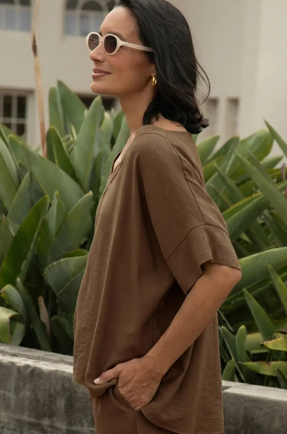Gemma Short Sleeve V Neck Top Khaki