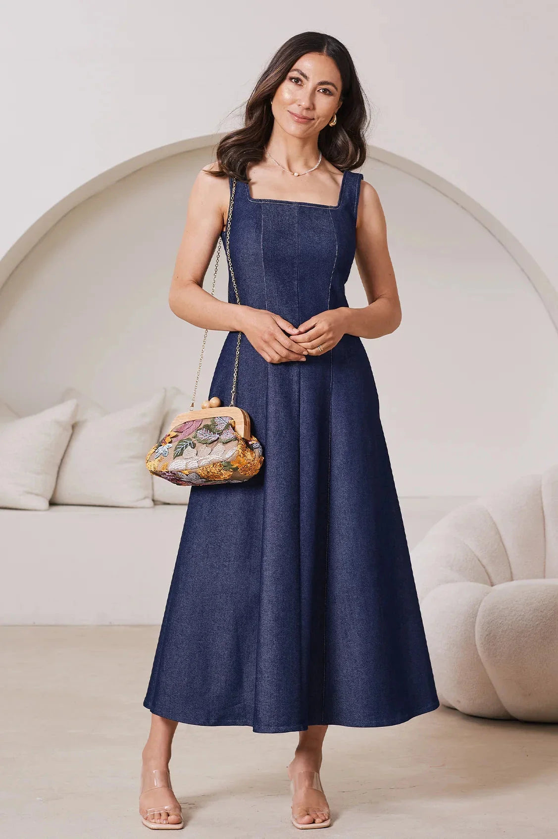 Julia Sleeveless Midi Dress in Denim