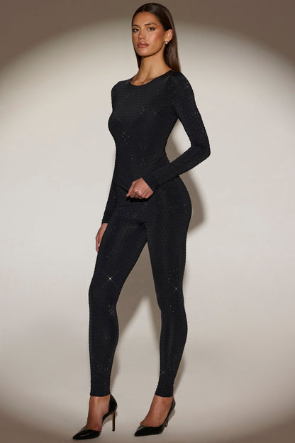 Embellished Crew-Neck Long-Sleeve Top in Black