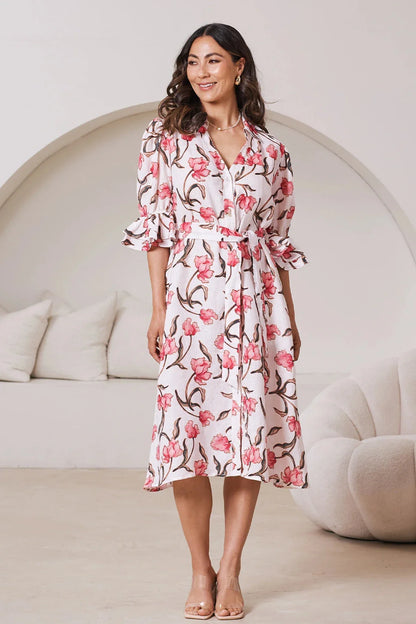 Floral Print Linen Midi Dress Mid-Sleeve Collared – Cristina
