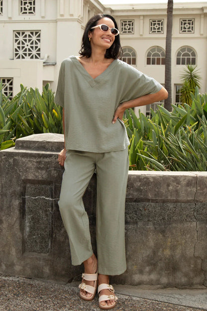 Gemma Short Sleeve V Neck Top Sage