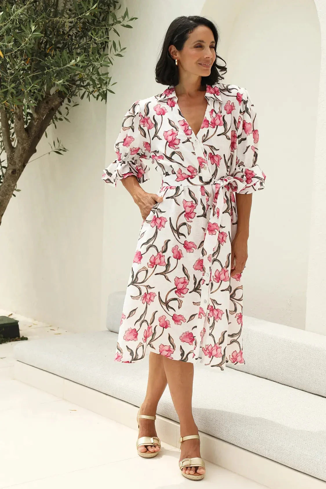 Floral Print Linen Midi Dress Mid-Sleeve Collared – Cristina