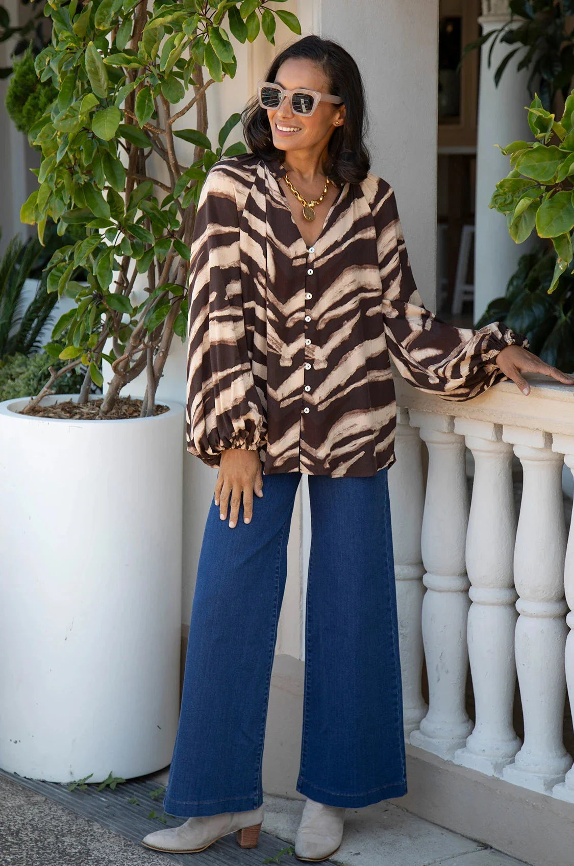 Evelyn Animal Print Long Sleeve Top Chocolate