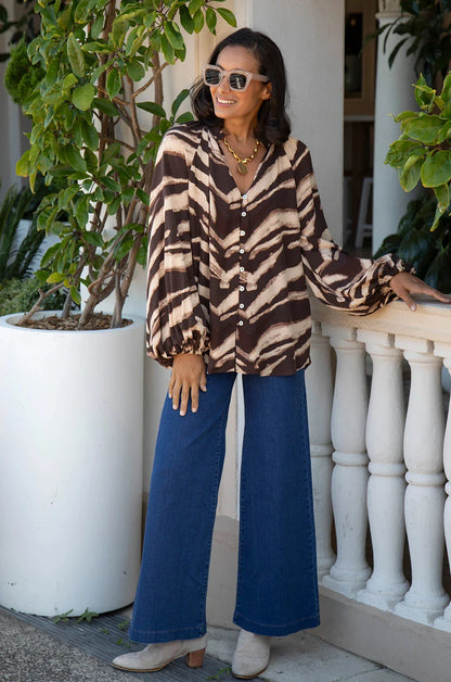 Evelyn Animal Print Long Sleeve Top Chocolate