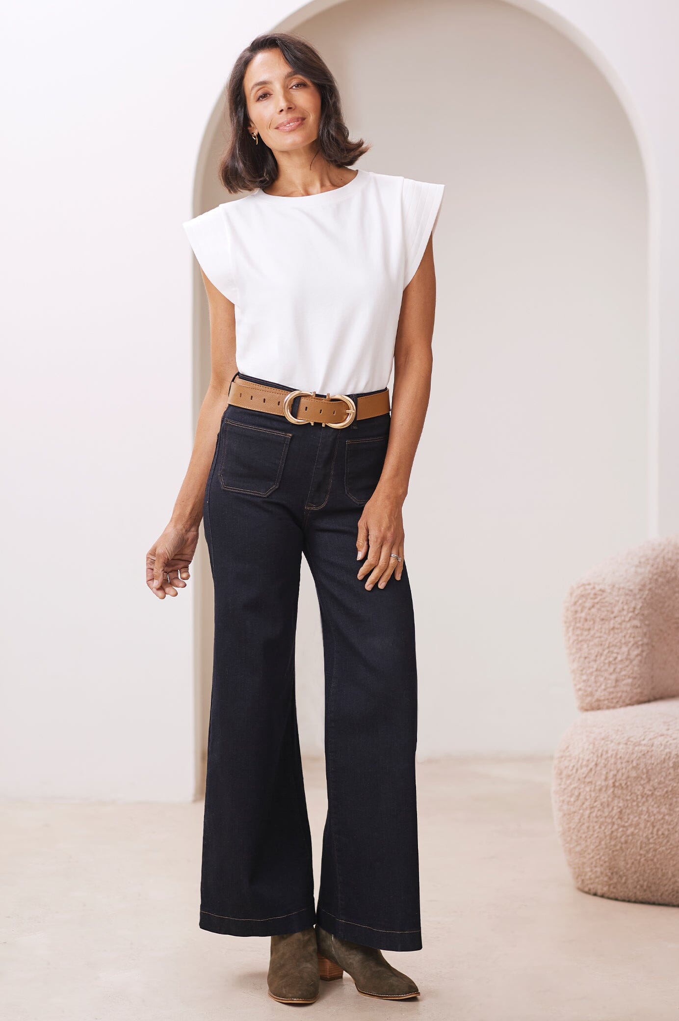Harper Short Sleeve Top White with Round Neck