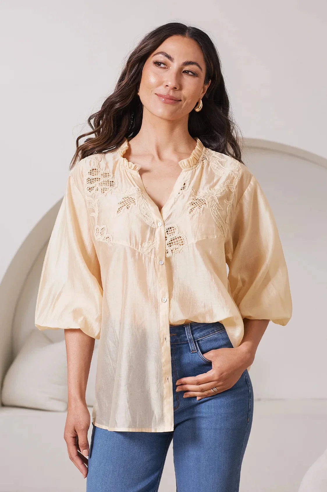 Aria Embroidered 3/4 Sleeve Top Butter Yellow