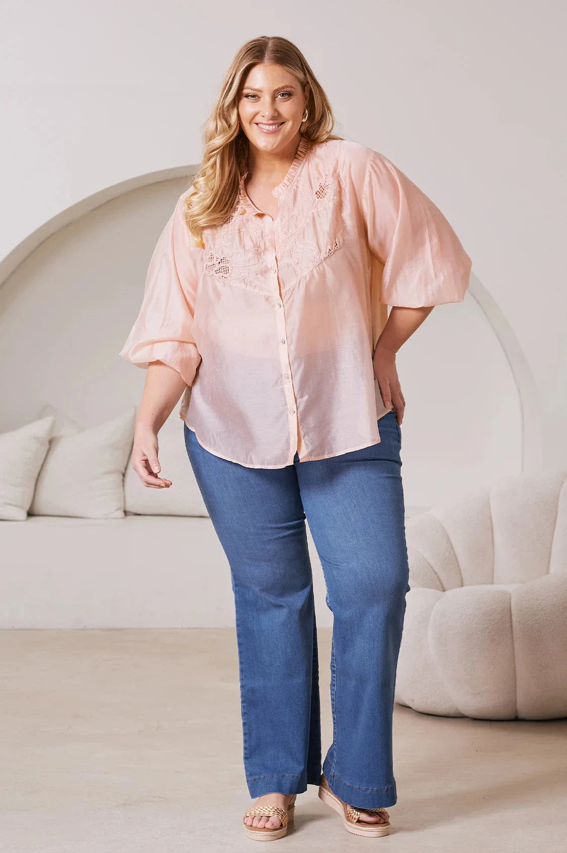 Aria Embroidered 3/4 Sleeve Top Powder Pink