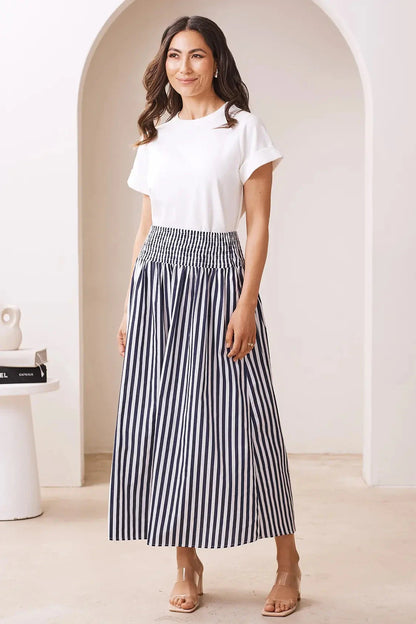 Brooke Midi A-Line Skirt Striped Navy & White