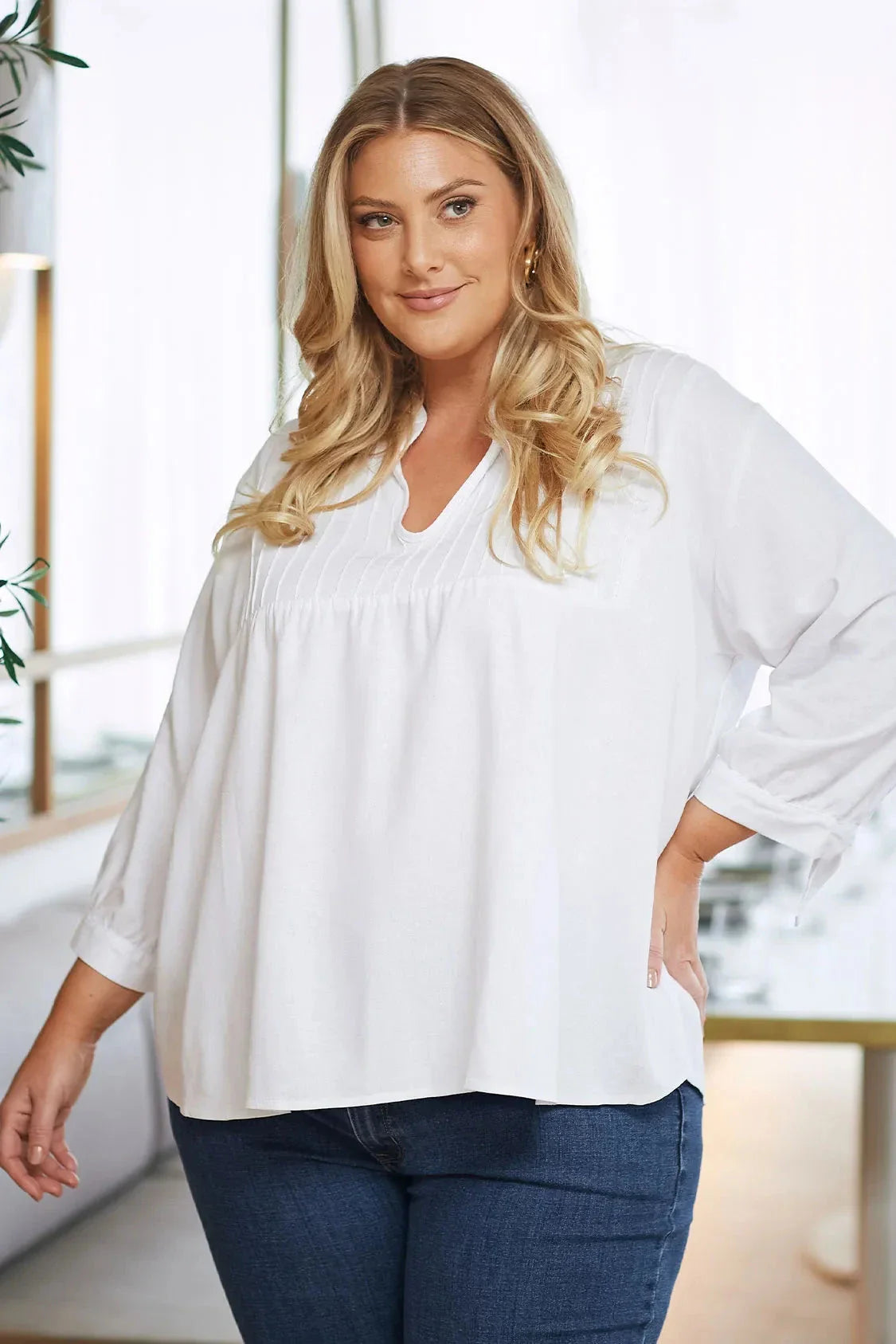 Alessia V Neck Mid Sleeve Top in White