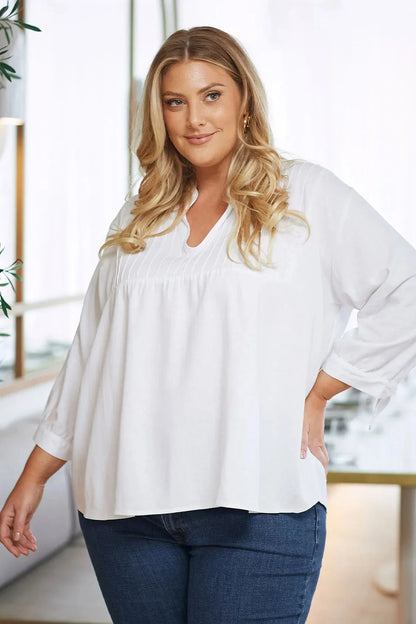 Alessia V Neck Mid Sleeve Top in White