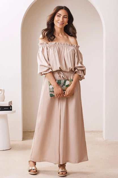 Vittoria Frill Trim Off Shoulder Long Sleeve Top Taupe
