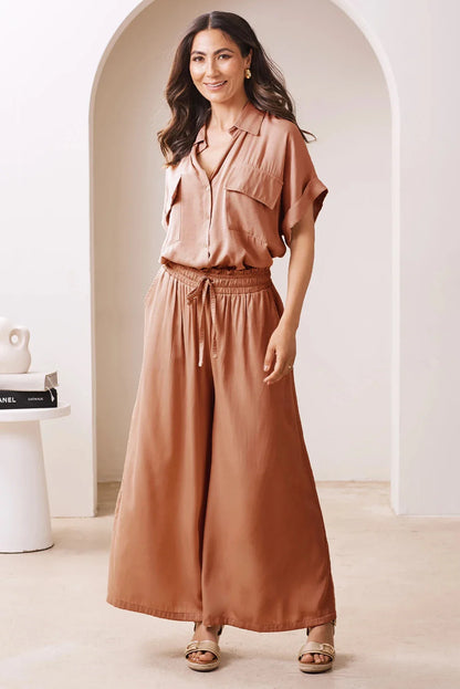 Vittoria Smocked Waist Wide Leg Pants Coffee