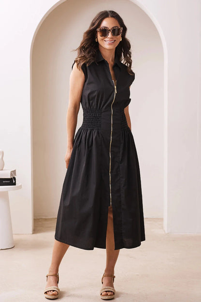 Black Sleeveless Midi Dress Front Zip – Laura