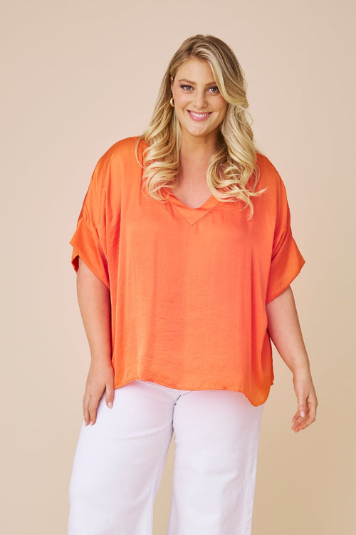 Bianca Short Sleeve Top Orange with V Neck