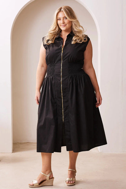 Black Sleeveless Midi Dress Front Zip – Laura