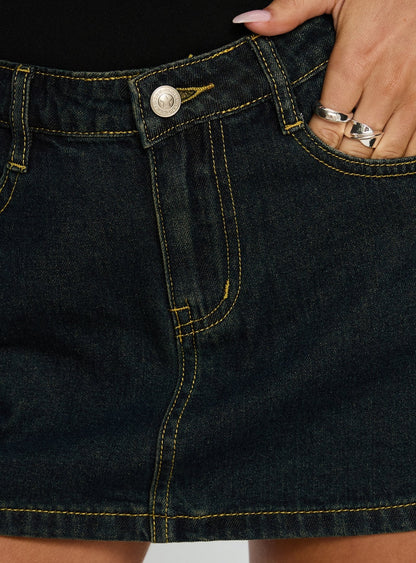 Electric Star Patch Pocket Mini Skirt Dark Blue Wash