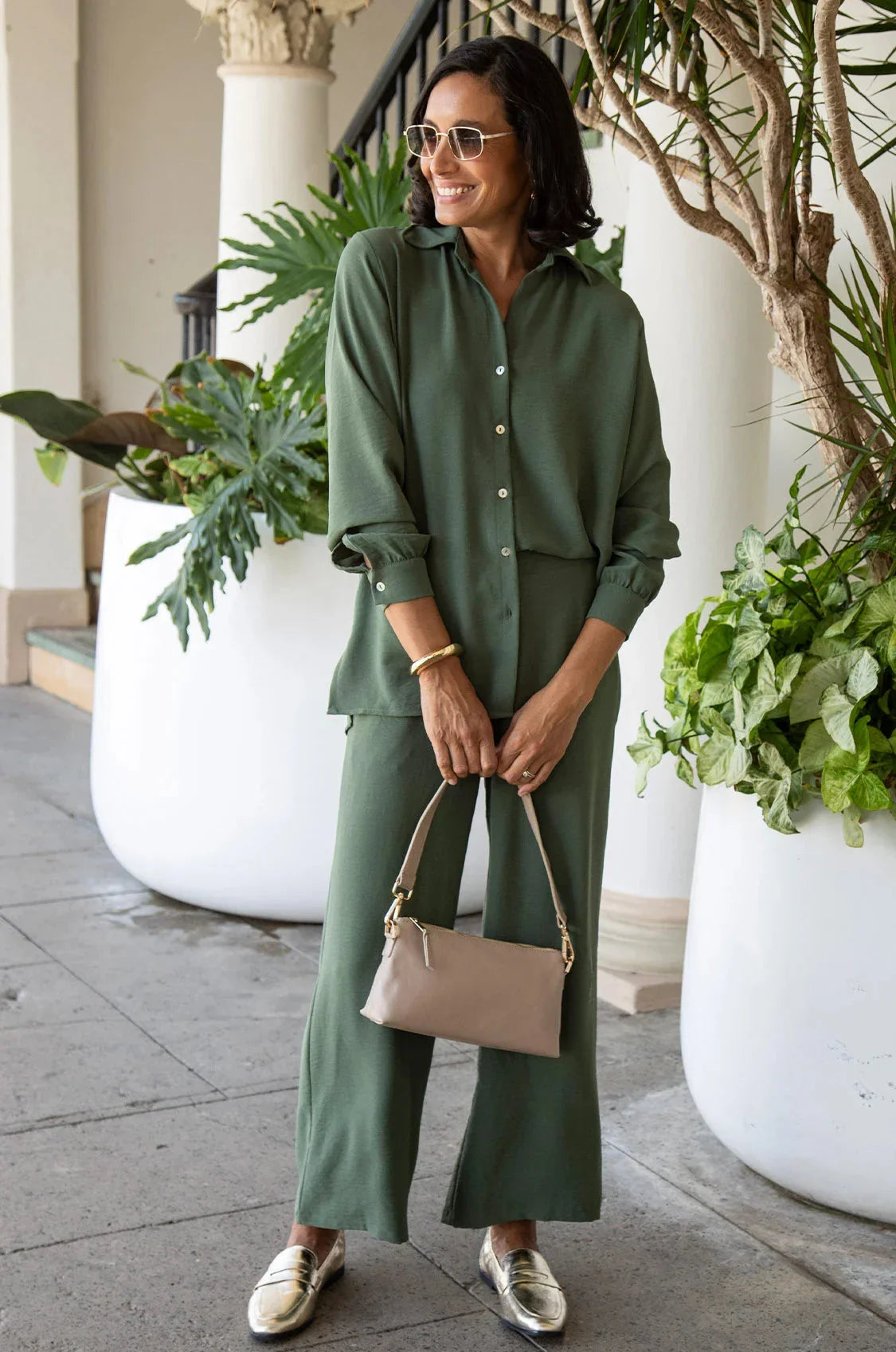 Paola Long Sleeve Collared Top Olive - Pre Order