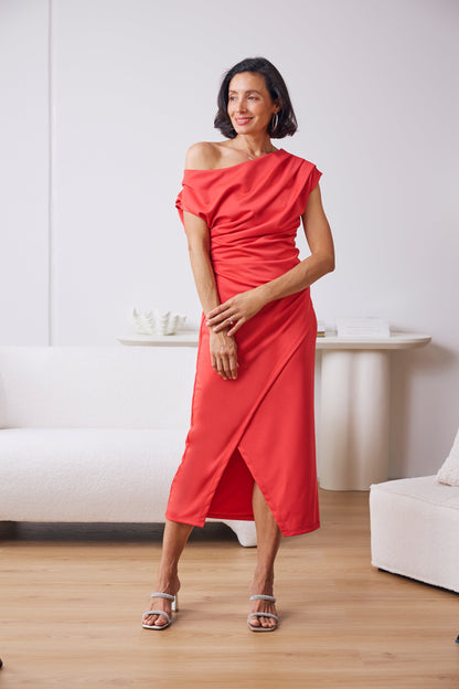 Roslyn Off Shoulder Midi Dress Red