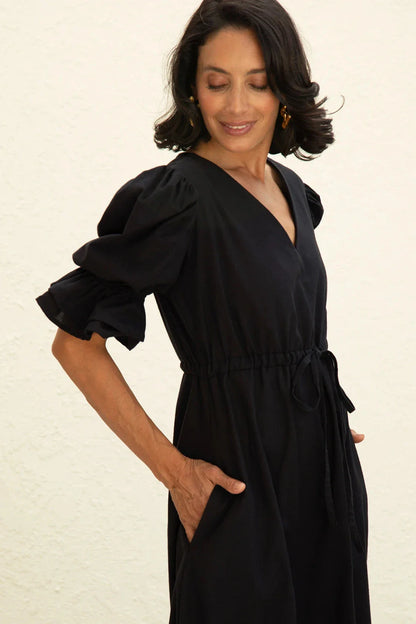 Laguna Short Balloon Sleeves V-Neck Midi Dress Black
