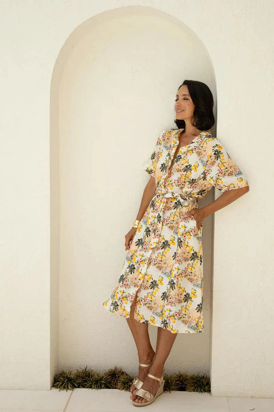 Positano Floral Mid Sleeve Collared Linen Midi Dress