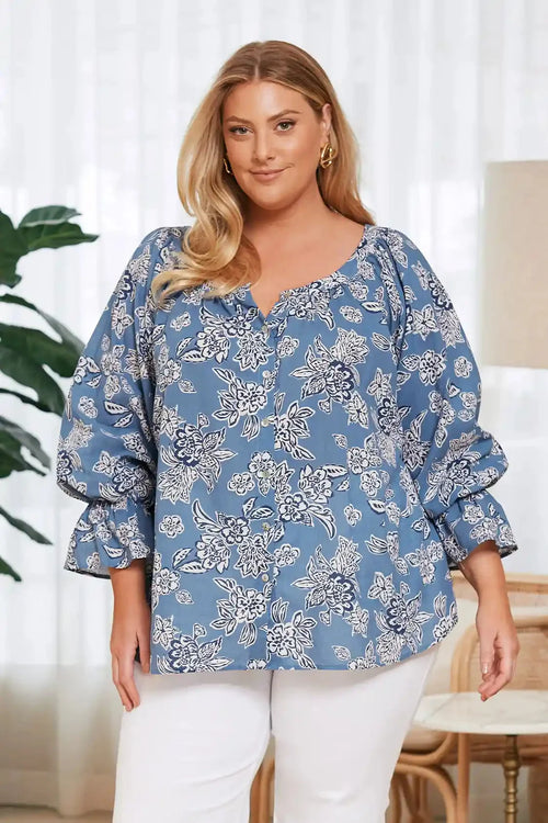 Sylvie Mid Sleeve Top Blue Floral