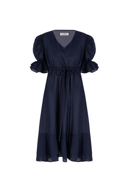 Laguna Short Balloon Sleeves V-Neck Midi Dress Navy