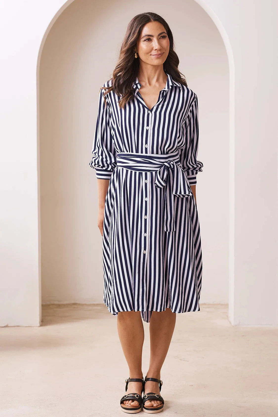 Francesca Long Sleeve Striped Midi Dress Navy and White