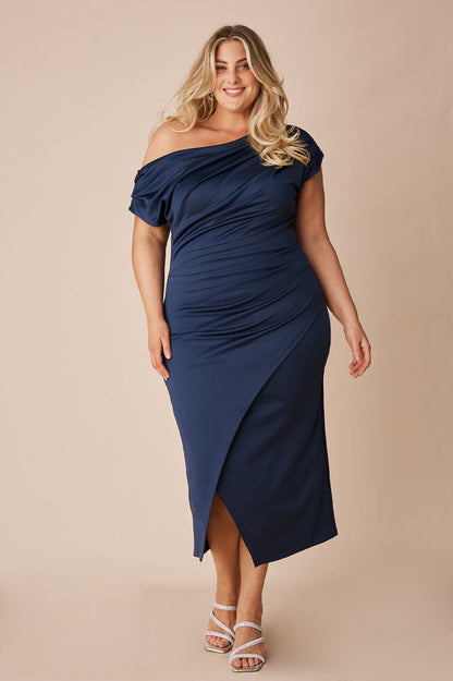 Roslyn Off Shoulder Midi Dress Navy
