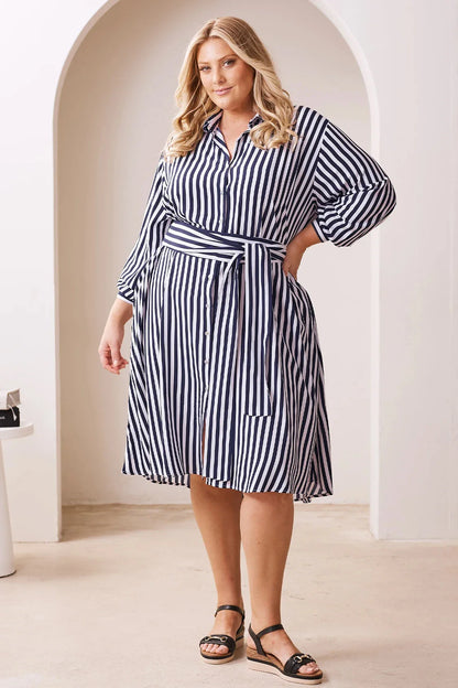 Francesca Long Sleeve Striped Midi Dress Navy and White