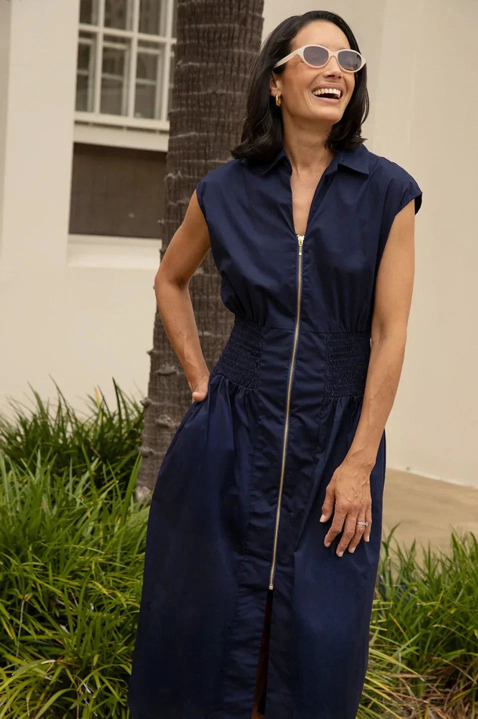 Laura Sleeveless Smocked Waist Zip Front Midi Dress Navy