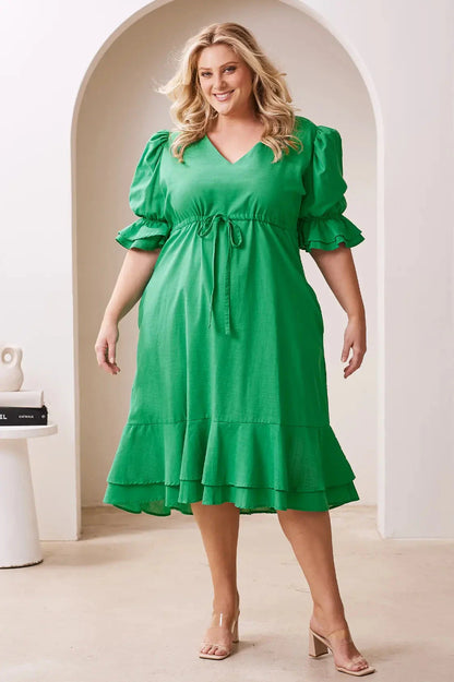 Laguna Short Balloon Sleeves V-Neck Midi Dress Emerald