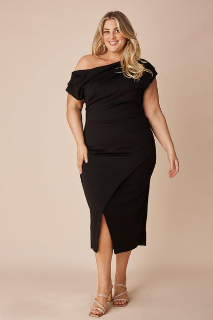 Roslyn Off Shoulder Midi Dress Black