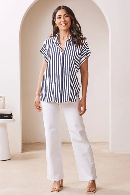 Francesca Short Sleeve Striped Collared Top Navy and White