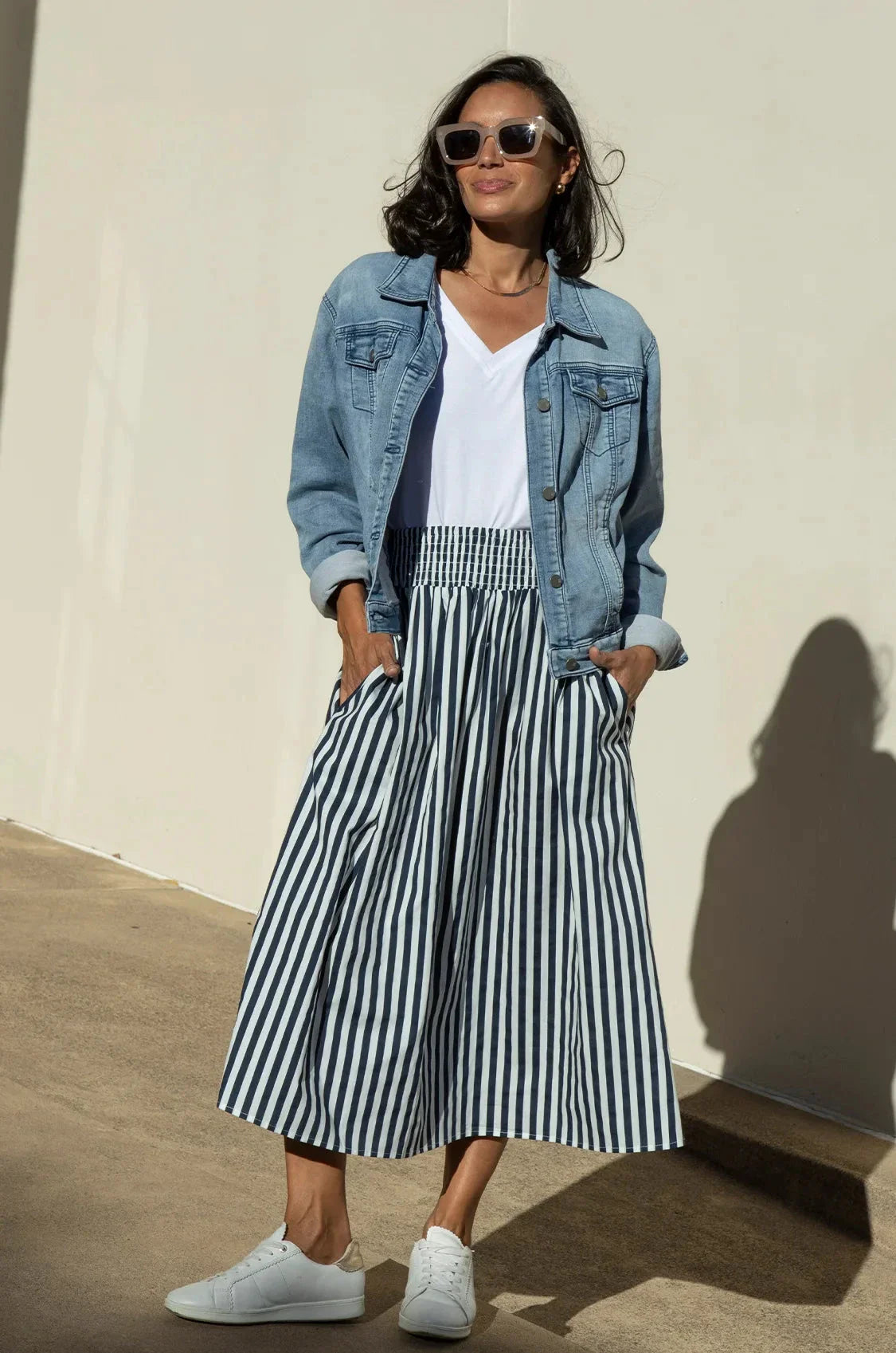 Brooke Midi A-Line Skirt Striped Navy & White
