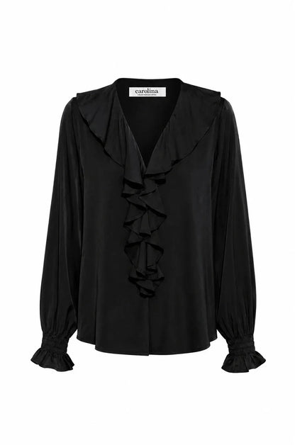 Alyssa Ruffle V-Neck Long Sleeve Top Black